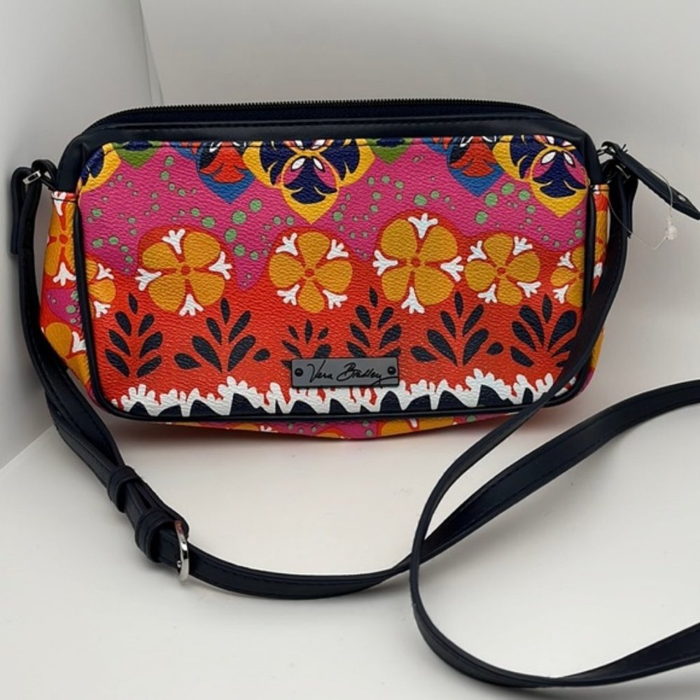 Vera Bradley Small Crossbody Flower Red‎ Orange Blues Bag Purse Faux Leather NEW